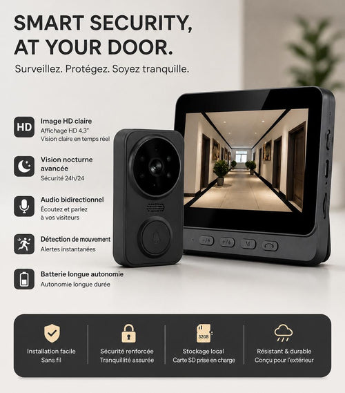 “SafeView Smart Doorbell - Sonnette Vidéo HD avec WiFi, Vision Nocturne et Détection de Mouvement